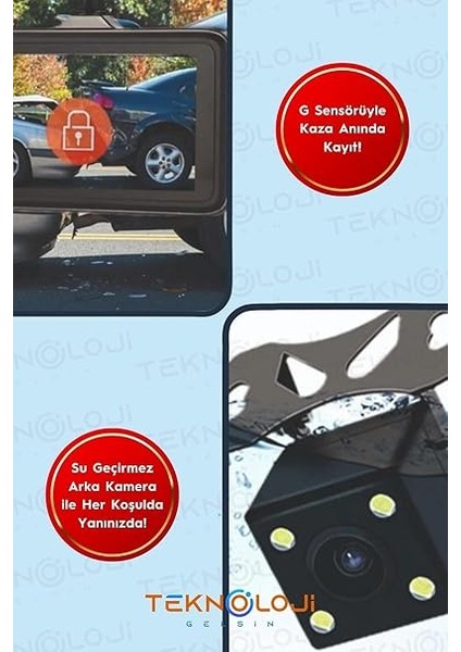 Içi Kamera 4'' LCD Ekran 3 Kameralı 170° Geniş Açı 1080P G-Sensör Gece Görüşlü Uyumlu Yol Kayıt modelleri