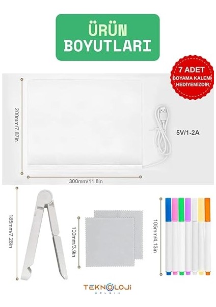 Çizim Tahtası LED Işıklı 20X30 cm 7 Kalem ve Stant Hediyeli Neon Işıklı Eğitici Not Tahtası indirimleri
