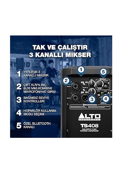 TS408-2000W 8 Inç Powered Pa Hoparlör 3 Kanal Mikser, Bluetooth Akışı, Kablosuz Hoparlör Bağlantı, Dsp ve Alto App indirimleri