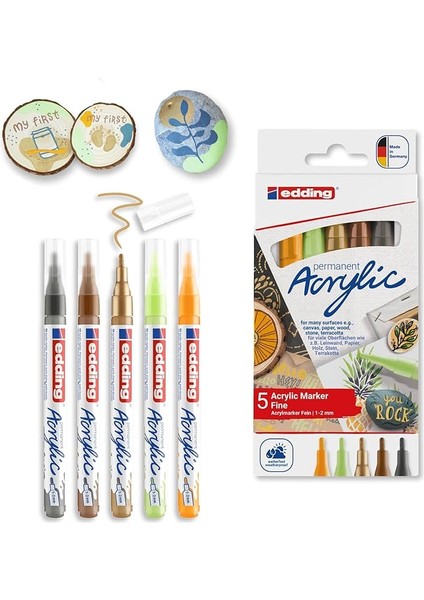 5300 Akrilik Markör 5'li Set, Doğa Renkleri, 5 Akrilik Boya Kalemi Seti, Ince Yuvarlak Uç 1-2 mm