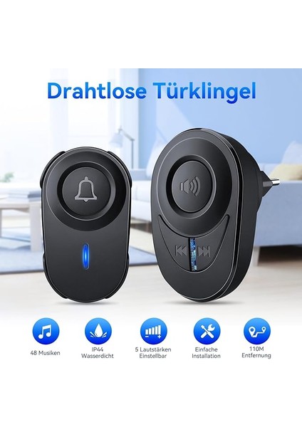 Kablosuz Zil, Dış Mekan Için Su Geçirmez, Kablosuz Kapı Zili, Kablosuz Set, Dış Mekan Için Kablosuz Kapı Zili, Kablosuz, Uzaktan Kumandalı Kapı Zili, 52 Melodi, 5 Ses Seviyesi, Siyah fiyatları