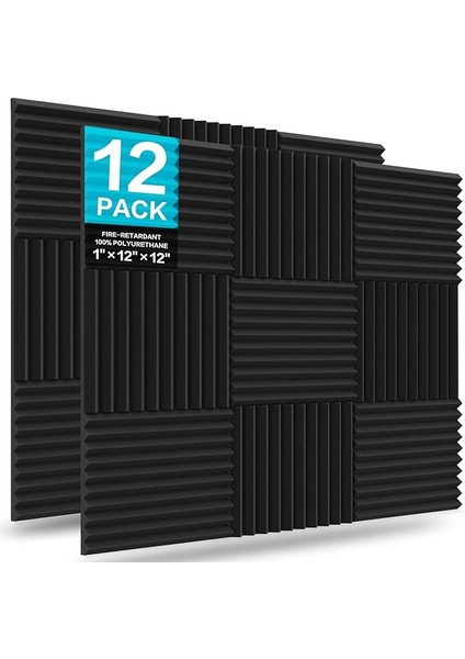 12'li Paket Akustik Köpük Panel, 1" x 12" x 12" Stüdyo Ses Yalıtım Takozları Yangına Dayanıklı Ses Geçirmez Dolgu Akustik Tedavi Köpüğü (Siyah)
