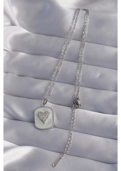 316L Çelik Zincir Mermer Desenli Gümüş Renk Zirkon Taşlı Kalp Model Kolye fiyatları