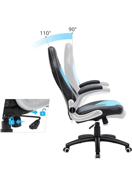 Oyuncu Sandalyesi, Yüksek Sırtlı, Ofis Koltuğu, Yüksekliği Ayarlanabilir, Katlanabilir Kolçaklar, Sallanan Fonksiyon, Oyuncular Için, Siyah/gri/mavi, OBG28BU, 70X70X(116-126) fırsatları