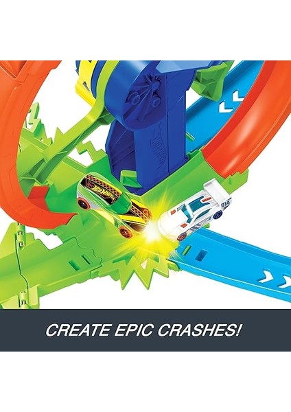 Wheels Hızlı Fırlatma ve Döngü Parkuru Oyun Seti Hot Wheels Hızlı Fırlatma ve Döngü Parkuru Oyun Seti ve 1:64 Ölçekli Metal Oyuncak Araba, Çarpışma Temalı Pist Seti JBX65 fırsatları