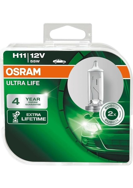 Ampul Ultra Life H11 12V 55W Daha Uzun Kullanım Süresi, Ikili Kutu (2 Lamba) 64211ULT-HCB