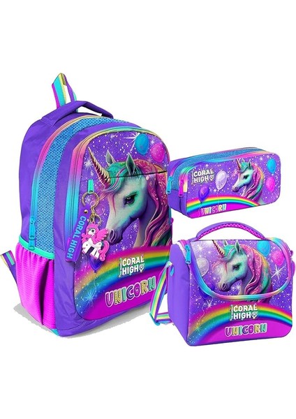 High Üç Gözlü Ilkokul ve Ortaokul Çanta Seti - Kız Çocuk - Mor Simli Unicorn Desenli