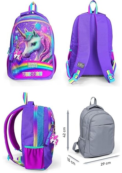 High Üç Gözlü Ilkokul ve Ortaokul Çanta Seti - Kız Çocuk - Mor Simli Unicorn Desenli fiyatları