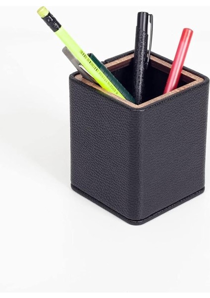 Office Masaüstü Kare Ahşap Detaylı Kalemlik Siyah