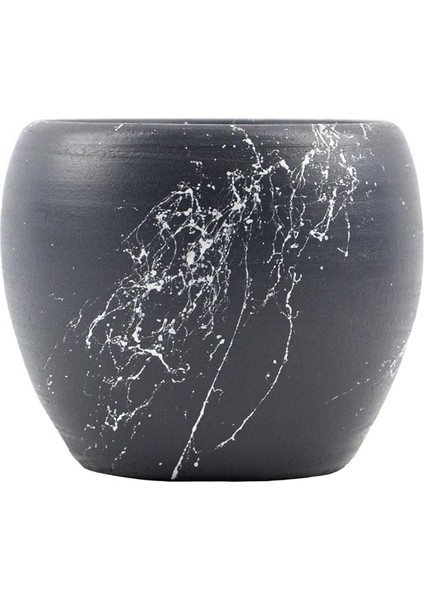 Mermer Efektli Gri Üzeri Beyaz Toprak Saksı -15 cm