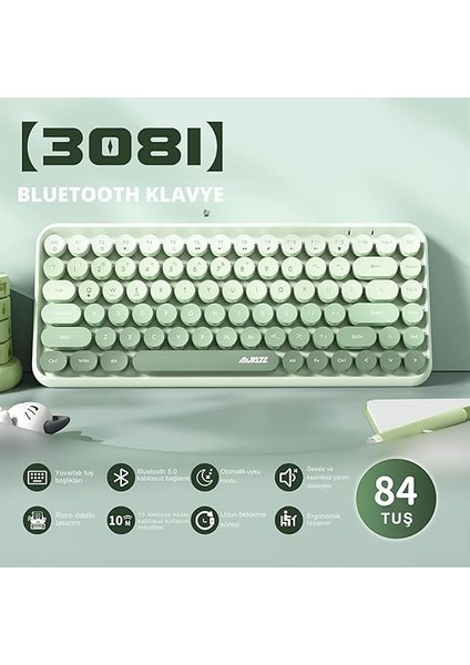 Kablosuz Bluetooth Retro Sessiz Klavye – Yuvarlak Tuşlu, Kedi Süs Aksesuarı, 84 Tuşlu, Taşınabilir, Akıllı Uyku Modu, Ergonomik Tasarım, Tablet Telefon Uyumlu, Ajazz AJ308I Yeşil modelleri