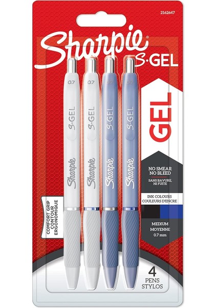 S-Gel Jel Kalem 0.7 mm Uç, Buz Mavisi & Beyaz Inci 4'lü Paket, Siyah & Mavi Mürekkep