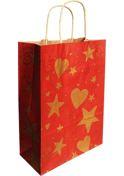 Kraft Kağıt Torba, 25 Adet, Kırmızı (Yılbaşı, 24-10-32CM)
