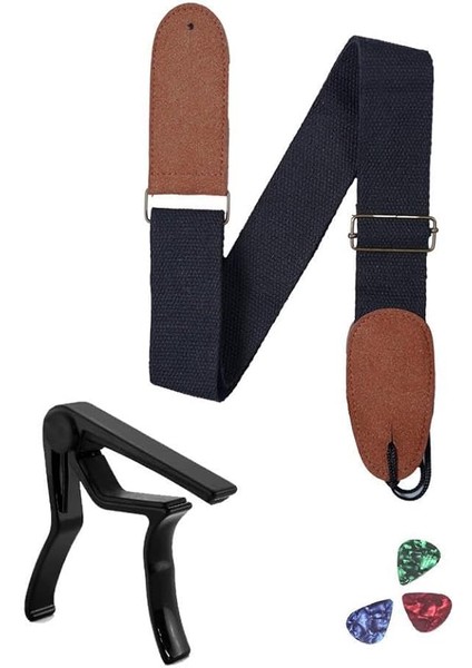 HG21C Siyah Renk Gitar Omuz Askısı Metal Siyah Capo Pena Paketi