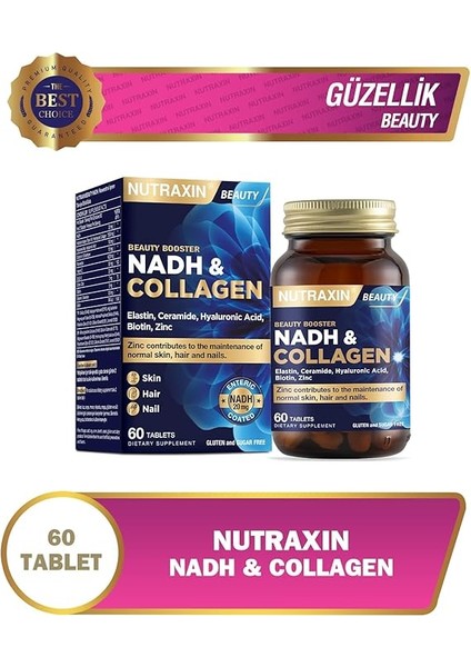 Nadh & Collagen | Tip I-Iıı Kolajen + Nadh + Hyaluronik Asit | Cilt, Saç, Tırnak ve Enerji Desteği | 60 Tablet modelleri