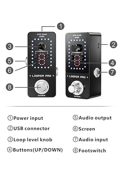 Pro Gitar Döngü Pedalı 9 Döngü Toplam 40 Dakika Süresi Sınırsız Overdub Dahili Tuner Fonksiyonu Ekran indirimleri