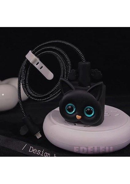 Aksesuar Siyah Kedi Şarj Kılıfı, Şarj Kablosu Örme Aparatı, Toparlayıcı, Kablo Koruyucu iPhone 18W/20W ile Uyumlu