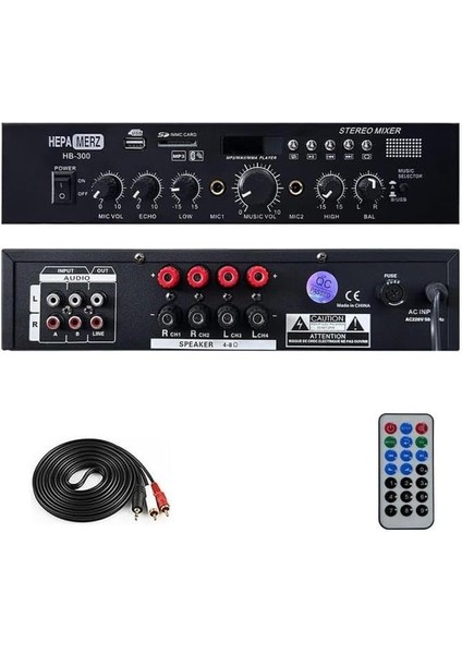 Merz HB-300 Stereo Mixer Amfi 4-8 Ohm 2 Çıkışlı 2X150W Anfi Bluetooth USB