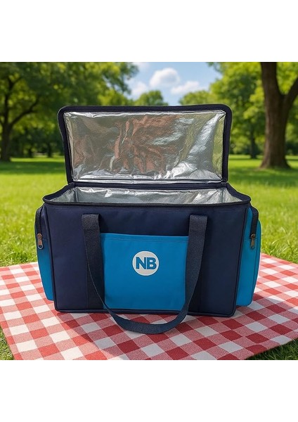 Yalıtımlı Piknik Soğutucu Çanta, Yan Cepli, Taşıma Askılı, Orta Boy, (Lacivert-Mavi)