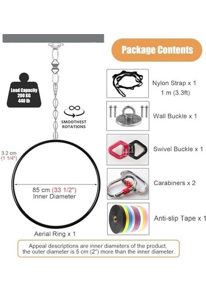 Komple Siyah Lyra Hava Halkası Seti, Demir Sıfır Noktası Lira Lastiği, Arma Kiti ve Kaymaz Bantlı, Akrobasi/sirk Için Hava Halkası, 1,2 Inç Kalınlığında (Boyut: 85 cm (33 Inç)) fiyatları