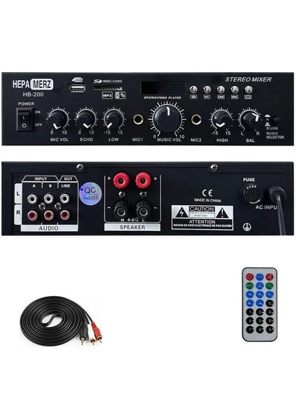 Merz HB-200 Stereo Mixer Amfi 4-8 Ohm 2 Çıkışlı 2X100W Anfi Bluetooth USB
