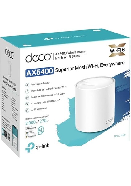 Deco X60 1-Pack, AX5400 Mbps, 1 Ghz Dört Çekirdekli Cpu, Wpa3, Ofdma ve Mu-Mımo, 150 Cihaza Kadar Bağlantı, 270 M²'ye Kadar Kapsama, Mobil Uygulama ile Kolay Kurulum, Wi-Fi 6 Mesh Sistemi modelleri