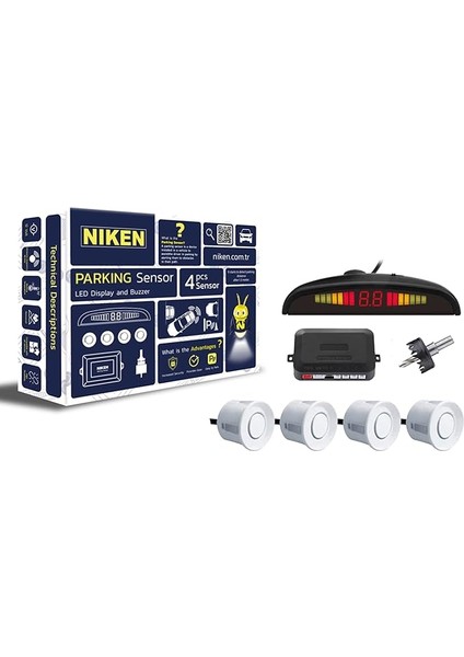 Park Sensörü, 4 Sensörlü, LED Ekranlı,ses Ikazlı Beyaz