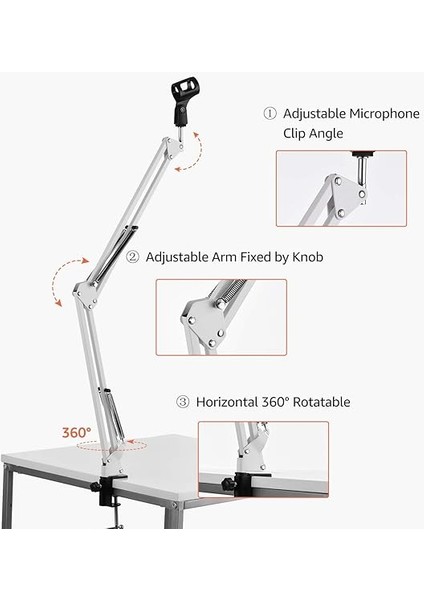 Mikrofon Standı Tutucu Masa Tembel Braketi Uzatılabilir Kol Mikrofon Klipsi Beyaz modelleri