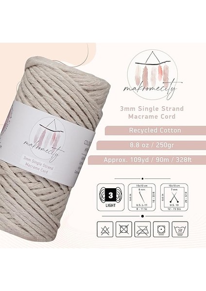 Tek Telli Makrome Kordon 3 mm x 100 Yard (300 Ft) 3 mm Tek Telli Latte Pamuk Kordon Makrome Sanat ve El Sanatları Duvar Askıları Için Geri Dönüşümlü Pamuk Kordon Ipliği Dıy (Latte, 1 fiyatları