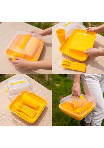 Home 32 Parça Plastik Piknik Seti, Tabak, Çatal, Kaşık, Bıçak, Bardak, Kamp ve Piknik Için Taşıma Kutulu, Dayanıklı ve Renkli, Açık Hava Etkinlikleri Için Ideal indirimleri