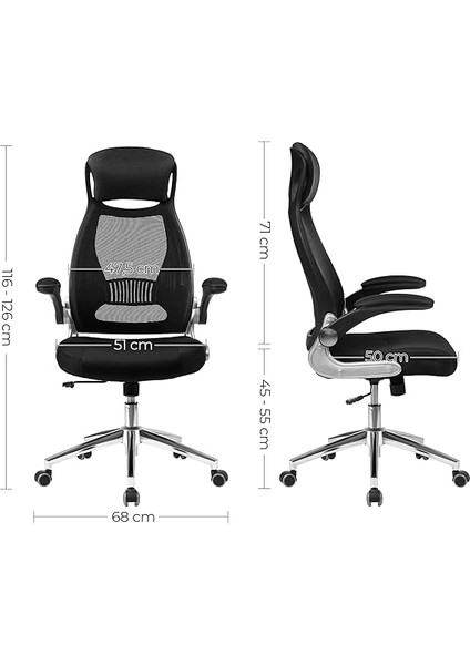 Ofis Koltuğu, Döner Sandalye, Yönetici Koltuğu, Başlıklı Ofis Döner Koltuğu, Katlanabilir Kolçaklar, Sallanma Fonksiyonu, Siyah OBN86BK, 64 x 54 x (113-123) cm modelleri