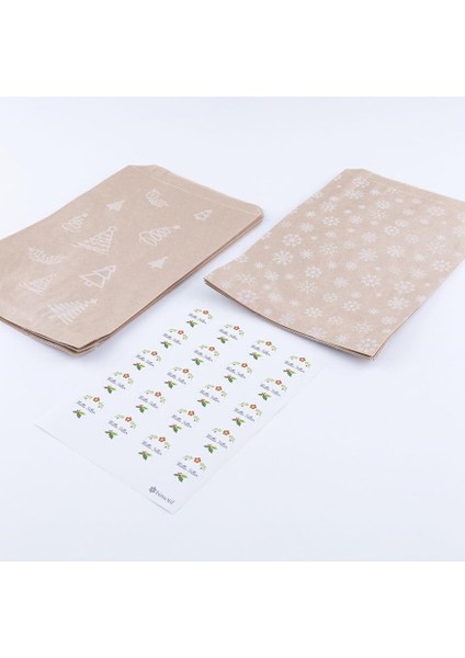 20 Adet Çam ve Kar Desenli Kese Kağıdı (18X30 Cm) ve Çiçekli Mutlu Yıllar Stickerdan Oluşan Set