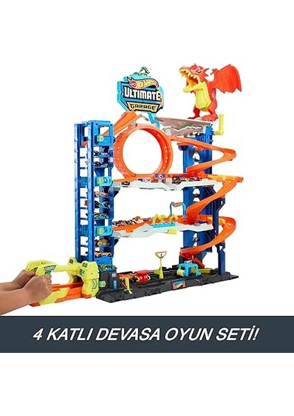 Wheels 2 Adet Metal Araba ile Birlikte Gelen, 50'den Fazla 1:64 Ölçekli Araba Için Saklama Alanına Sahip, 4 Katlı Oyun Pisti Içeren Hot Wheels Şehri Yeni Ultimate Garaj ile Ejderhayı Yen, HKX48 modelleri