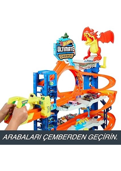 Wheels 2 Adet Metal Araba ile Birlikte Gelen, 50'den Fazla 1:64 Ölçekli Araba Için Saklama Alanına Sahip, 4 Katlı Oyun Pisti Içeren Hot Wheels Şehri Yeni Ultimate Garaj ile Ejderhayı Yen, HKX48 indirimleri