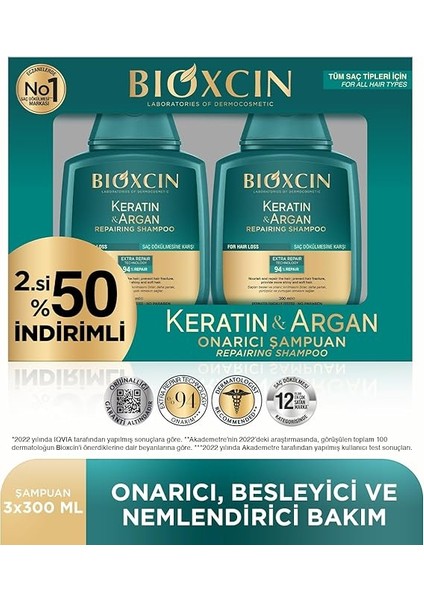 Keratin & Argan Onarıcı Şampuan | 2 x 300 ml | Yıpranmış ve Hasar Görmüş Saçlar Için | Hidrolize Keratin + Argan Yağı + Biocomplex B11 modelleri