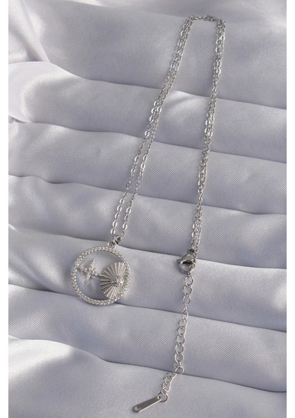 316L Çelik Zincir Gümüş Renk Zirkon Taşlı Yıldız Figürlü Oval Kolye fiyatları