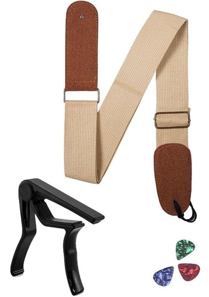 HG22C Krem Renk Gitar Omuz Askısı Metal Siyah Capo Pena Paketi