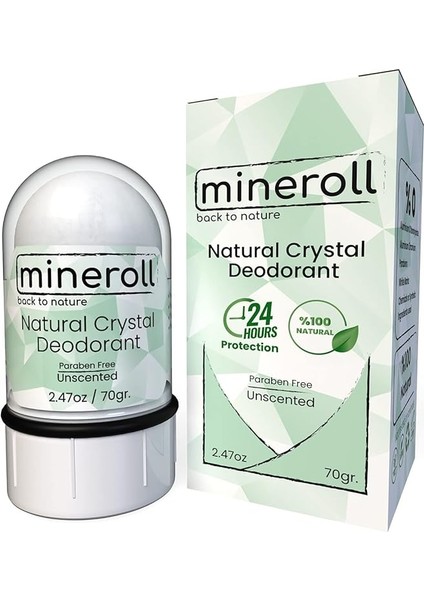 Doğal Kristal Deodorant - Vegan, Kokusuz, 24 Saat Koruma, Kadın ve Erkeler Için - Alum Taş, Mineral Tuz, Roll-On, 70 gr