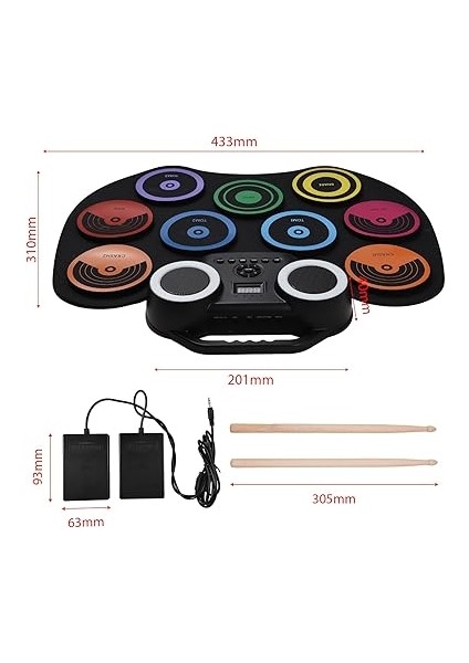 Elektrikli Davul Seti Taşınabilir Davul Pad Kiti 9 Ped Dahili Hoparlör Renkli Işıklarla LED Ekran Izleme 2 Bateri Çubuğu 2 Ayak Pedalı USB Veya Pille Çalışan Tatil Doğum Günü Si Müzik fiyatları