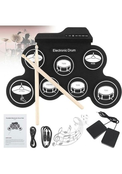 Electronic Drum Set, 7 Pads 5 Tunings 8 Demonstration Songs 3 Rhythms Portable USB Roll Up Drum Practice PAD(43X28X2.7CM)