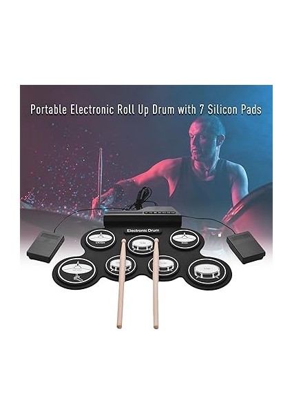 Electronic Drum Set, 7 Pads 5 Tunings 8 Demonstration Songs 3 Rhythms Portable USB Roll Up Drum Practice PAD(43X28X2.7CM) fiyatları