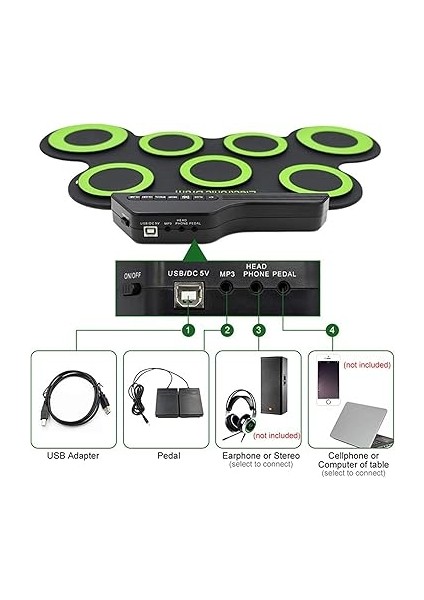 Electronic Drum Set, 7 Pads 5 Tunings 8 Demonstration Songs 3 Rhythms Portable USB Roll Up Drum Practice PAD(43X28X2.7CM) fırsatları