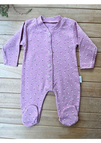 Mammaso Minik Çiçek Desenli Gül Kurusu %100 Pamuk Ribana Dokulu Çıtçıtlı Uzun Kollu Fitilli Bebek Tulum