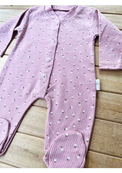 Mammaso Minik Çiçek Desenli Gül Kurusu %100 Pamuk Ribana Dokulu Çıtçıtlı Uzun Kollu Fitilli Bebek Tulum fiyatları