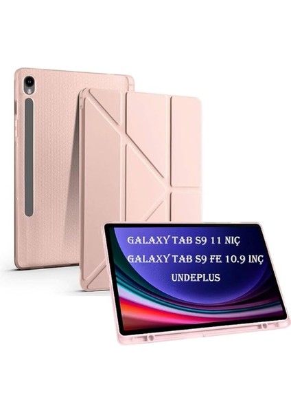 Galaxy Tab S9 Fe X510 X516 ile Uyumlu Kılıf Kalem Bölmeli Trifolding Case Rose Gold