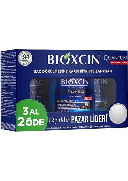 Quantum Şampuan – Kuru ve Normal Saçlar Için – 3X300 ml – Dökülme ve Incelme Karşıtı – Bio-Activ Peptit, Biocomplex B11, Bal ve Mentol Içerikli