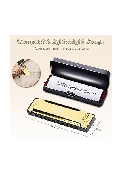 Diatonik Blues Mızıka, C Blues Harp Mızıka, 10 Delikli, Koruyucu Kılıflı, Standart Mızıka, Yetişkinler, Profesyoneller, Yeni Başlayanlar ve Öğrenciler Için Hediye (Altın) fiyatları