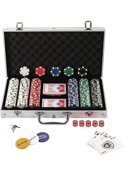 Poker Kılıfı, Lazer Poker Chips Poker 12 Gram, 2 Kart, Bayi, Küçük Kör, Büyük Kör Düğmeler ve 5 Zar, Alüminyum Kılıflı (300 Cips)