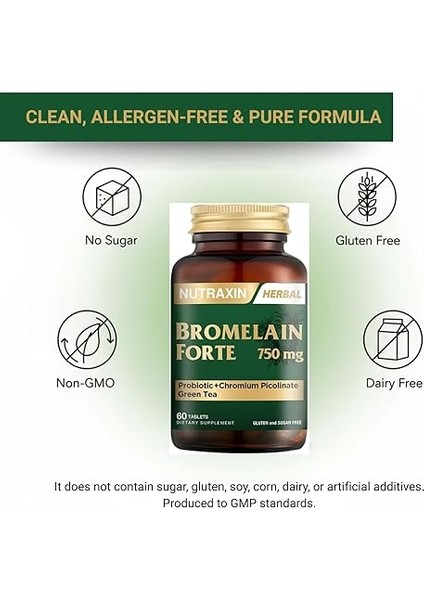 Bromelain Forte – 750 Mg Bromelain, Yeşil Çay Ekstresi, Krom ve Probiyotik Içeren Sindirim ve Bağışıklık Destek Tableti – 60 Tablet – Alerjen Içermez indirimleri
