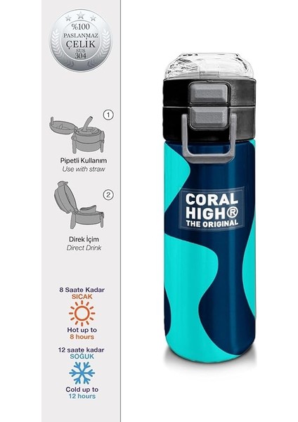 High Erkek Çocuk Için 500 Ml'lik Paslanmaz Çelik Termos/suluk - Lacivert Turkuaz Desenli fiyatları